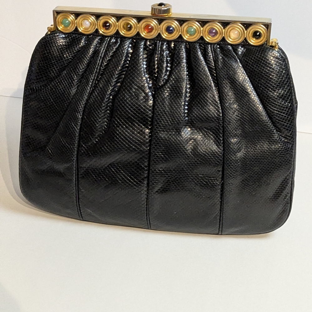 Black Lizard Leather Evening Clutch with Gold Multistone Frame